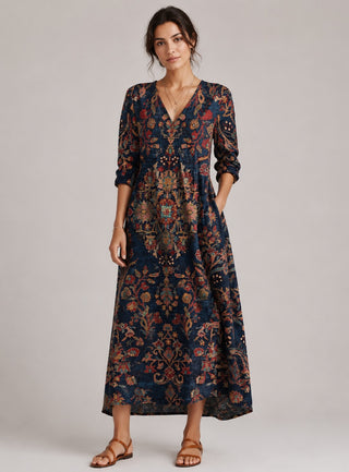 Floral Midi Dress Womens A-Line V-Neck Long Sleeve Lightweight Casual Wear
