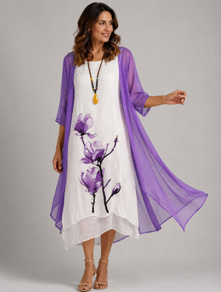 Floral Print Midi Dress Set with Loose Chiffon Cardigan in Linen for Women's Summer Dresses