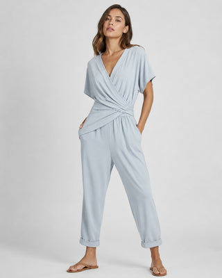 Modern Wrap Jumpsuit Set V-Neck Short Sleeve Adjustable Waist Soft Fabric Relaxed Fit Neutral Tone