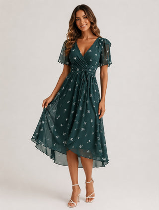 Floral Midi Dress V-Neck Wrap Adjustable Waist Short Flutter Sleeves Soft Fabric Summer Wedding Guest Dresses