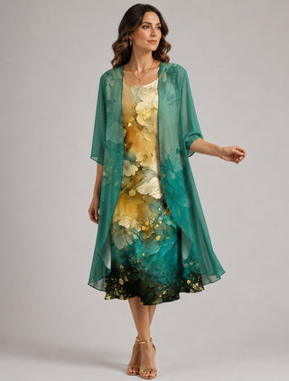 Floral Midi Dress Set with Open Cardigan Lightweight Relaxed Fit Layered Design for Women
