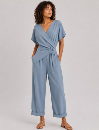 Modern Wrap Jumpsuit Set V-Neck Short Sleeve Adjustable Waist Relaxed Fit Soft Fabric