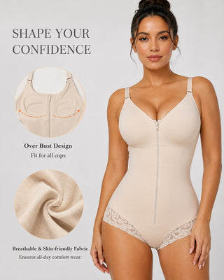 High Compression Shapewear Bodysuit Adjustable Straps Zipper Closure Triangle Lace Design