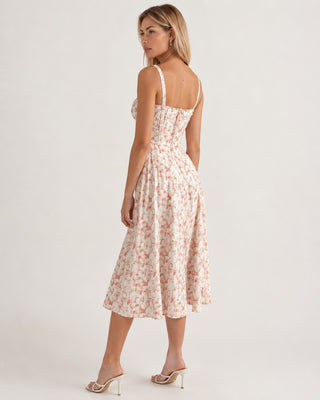 Floral Summer Dress Midi Length Fitted Bodice Sweetheart Neckline with Side Slit for Wedding Guests