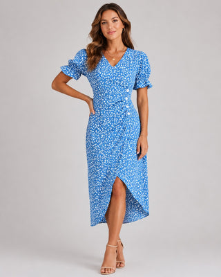 Floral Midi Dress with Wrap Front Design V-Neckline Short Ruffled Sleeves Asymmetrical Hem Lightweight Fabric