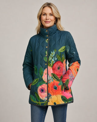 Floral Print Quilted Jacket for Women with Button Front and Stand Collar for Transitional Seasons