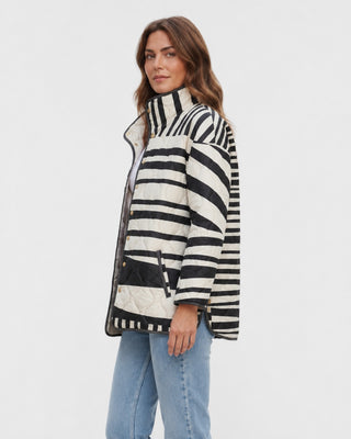 Quilted Puffer Jacket Women Striped Pattern Stand Collar Hooded Lightweight Winter Coats