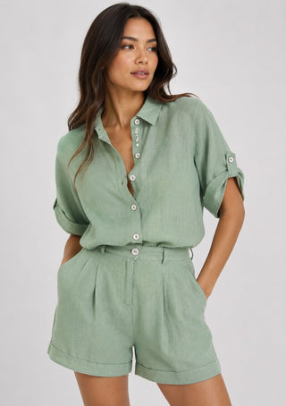 Women's Casual Button-Down Shirt and Shorts Set Relaxed Fit Mid-Thigh Soft Fabric