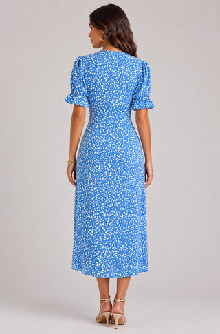 Floral Midi Dress with Wrap Front Design V-Neckline Short Ruffled Sleeves Asymmetrical Hem Lightweight Fabric