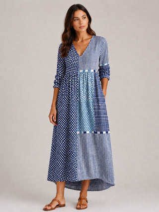 Floral Midi Dress Womens A-Line V-Neck Long Sleeve Lightweight Casual Wear