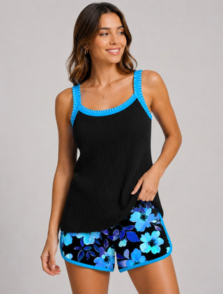 Modern Tummy Control Tankini Set with Ribbed Top and Floral Patterned Shorts for Women