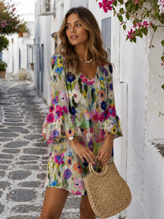 Floral Womens Dress V-Neck Bell Sleeves Knee-Length Casual Summer Dress