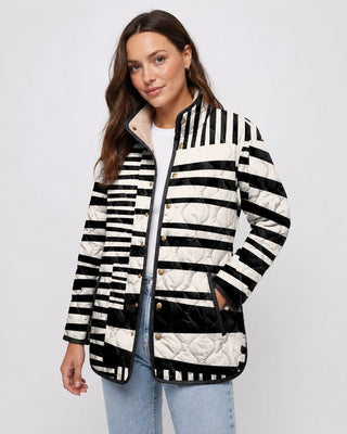 Quilted Puffer Jacket Women Striped Pattern Stand Collar Hooded Lightweight Winter Coats