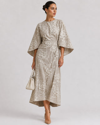 Floral Midi Dress for Women with Kimono Sleeves Adjustable Tie Belt Calf Length Summer Style