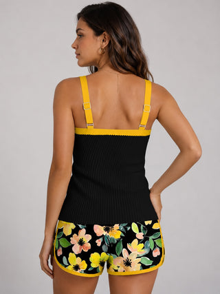 Modern Tummy Control Tankini Set with Ribbed Top and Floral Patterned Shorts for Women