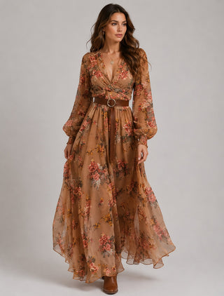 Boho Floral Maxi Dress with Long Sleeves in Lightweight Fabric and Pleated Skirt for Women