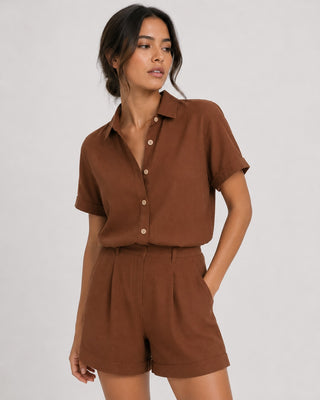 Women's Casual Button-Down Shirt and Shorts Set Relaxed Fit Mid-Thigh Soft Fabric