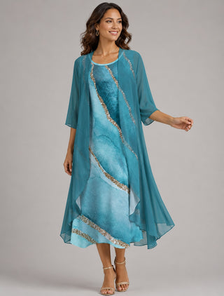 Floral Midi Dress Set with Open Cardigan Lightweight Relaxed Fit Layered Design for Women