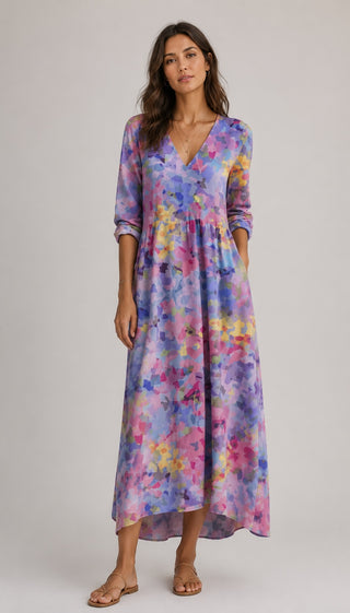 Floral Midi Dress Womens A-Line V-Neck Long Sleeve Lightweight Casual Wear