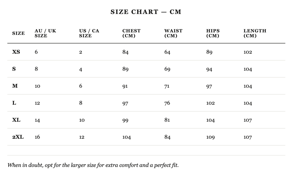 Size guide in cm