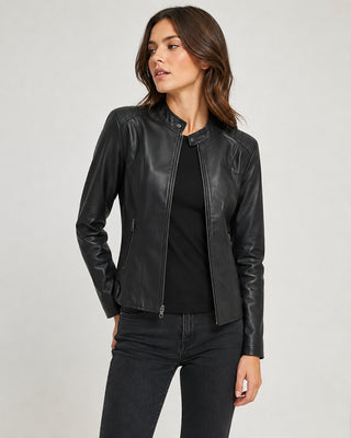 Modern Black Leather Jacket Women Fitted Waist Cropped Length Collared Design Zip-Up