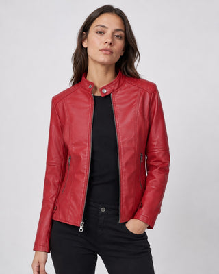 Modern Black Leather Jacket Women Fitted Waist Cropped Length Collared Design Zip-Up