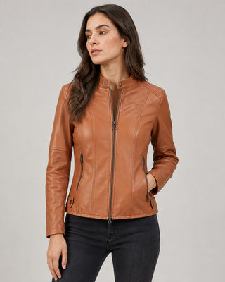 Modern Black Leather Jacket Women Fitted Waist Cropped Length Collared Design Zip-Up