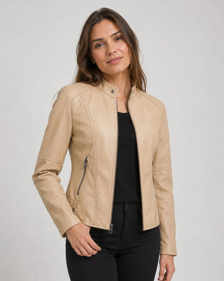 Modern Black Leather Jacket Women Fitted Waist Cropped Length Collared Design Zip-Up