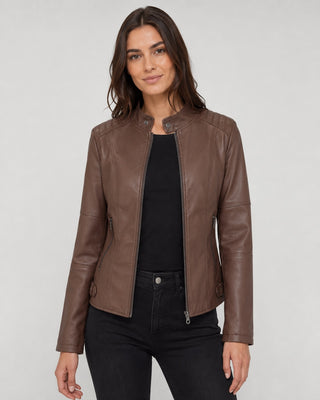 Modern Black Leather Jacket Women Fitted Waist Cropped Length Collared Design Zip-Up