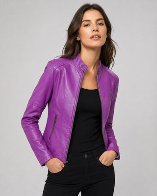 Modern Black Leather Jacket Women Fitted Waist Cropped Length Collared Design Zip-Up
