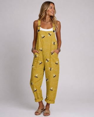 Casual Bee Print Jumpsuit Women Sleeveless Loose Fit with Adjustable Straps and Pockets
