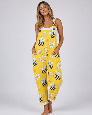 Casual Bee Print Jumpsuit Women Sleeveless Loose Fit with Adjustable Straps and Pockets