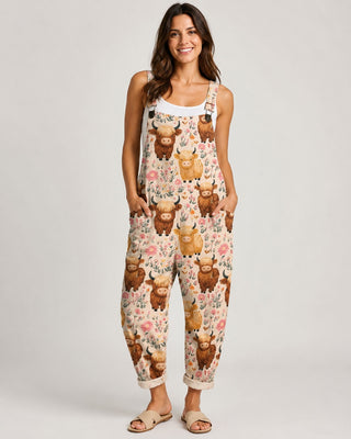 Casual Bee Print Jumpsuit Women Sleeveless Loose Fit with Adjustable Straps and Pockets