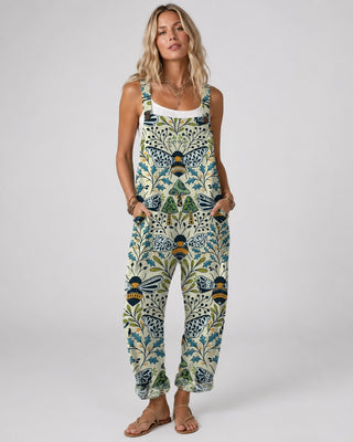 Casual Bee Print Jumpsuit Women Sleeveless Loose Fit with Adjustable Straps and Pockets