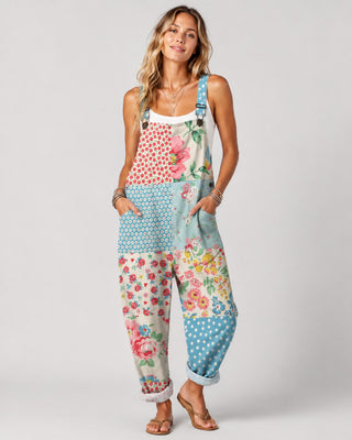 Wide Leg Floral Patchwork Women's Jumpsuit with Adjustable Straps and Front Pockets