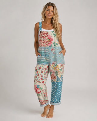 Wide Leg Floral Patchwork Women's Jumpsuit with Adjustable Straps and Front Pockets