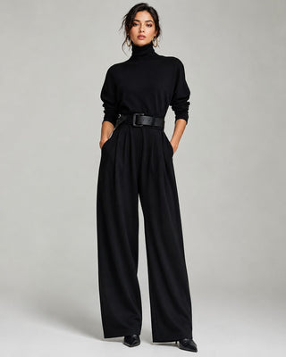 Black Jumpsuit Women Modern High-Neck Wide-Leg Design with Fitted Belt and Deep Pockets