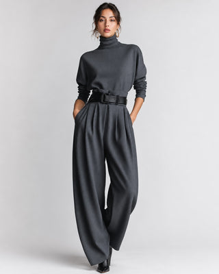 Black Jumpsuit Women Modern High-Neck Wide-Leg Design with Fitted Belt and Deep Pockets
