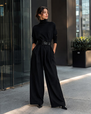 Black Jumpsuit Women Modern High-Neck Wide-Leg Design with Fitted Belt and Deep Pockets
