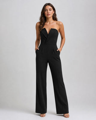 Black Wide Leg Jumpsuit for Women with Strapless Sweetheart Neckline and Functional Pockets