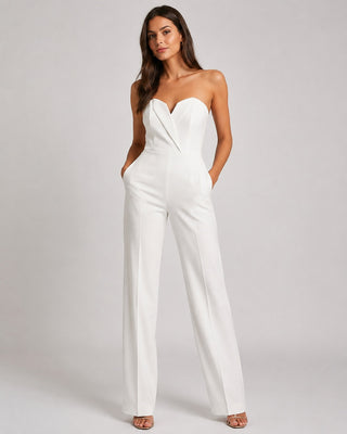 Black Wide Leg Jumpsuit for Women with Strapless Sweetheart Neckline and Functional Pockets