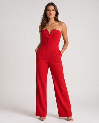 Black Wide Leg Jumpsuit for Women with Strapless Sweetheart Neckline and Functional Pockets