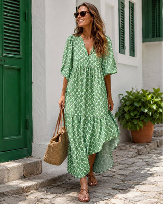 Women's Patterned Maxi Dress V-Neck Long Sleeve Loose Fit with Slit Hem for Spring Fashion