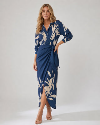 Elegant Leaf Print Maxi Dress for Women with V-Neck Long Sleeves and Twist-Tie Waist in Soft Fabric