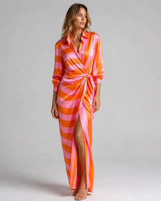 Elegant Leaf Print Maxi Dress for Women with V-Neck Long Sleeves and Twist-Tie Waist in Soft Fabric