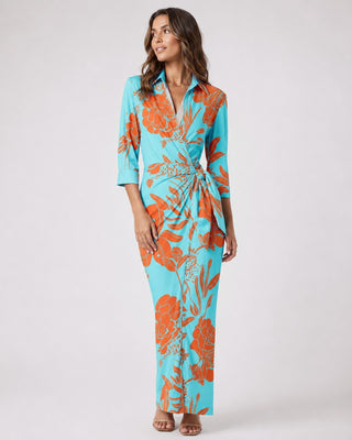 Elegant Leaf Print Maxi Dress for Women with V-Neck Long Sleeves and Twist-Tie Waist in Soft Fabric