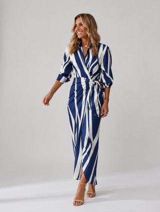 Elegant Leaf Print Maxi Dress for Women with V-Neck Long Sleeves and Twist-Tie Waist in Soft Fabric