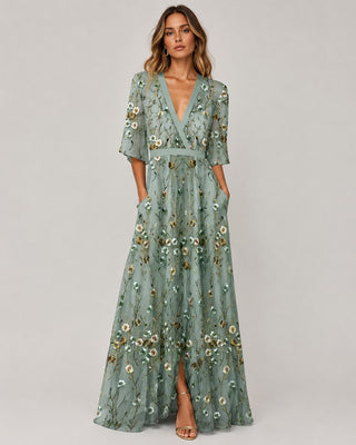 Floral Maxi Dress V-Neck Wrap Style Elbow Sleeve Lightweight Fabric With Front Slit Detail