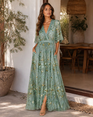 Floral Maxi Dress V-Neck Wrap Style Elbow Sleeve Lightweight Fabric With Front Slit Detail