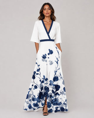 Floral Maxi Dress V-Neck Wrap Style Elbow Sleeve Lightweight Fabric With Front Slit Detail